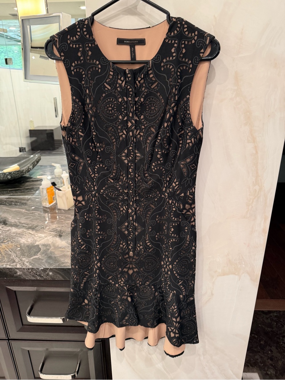BCBGMaxAzria Black Lace Overlay with Nude Underlay Sheath Dress